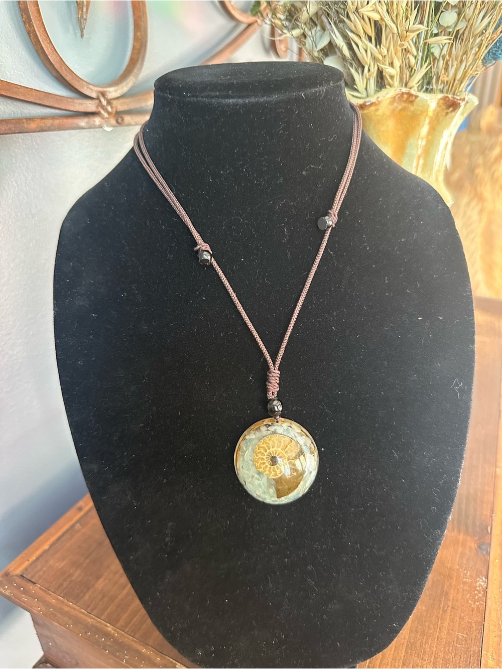 Handmade Resin Brown Cord Necklace with Fossil Pendant